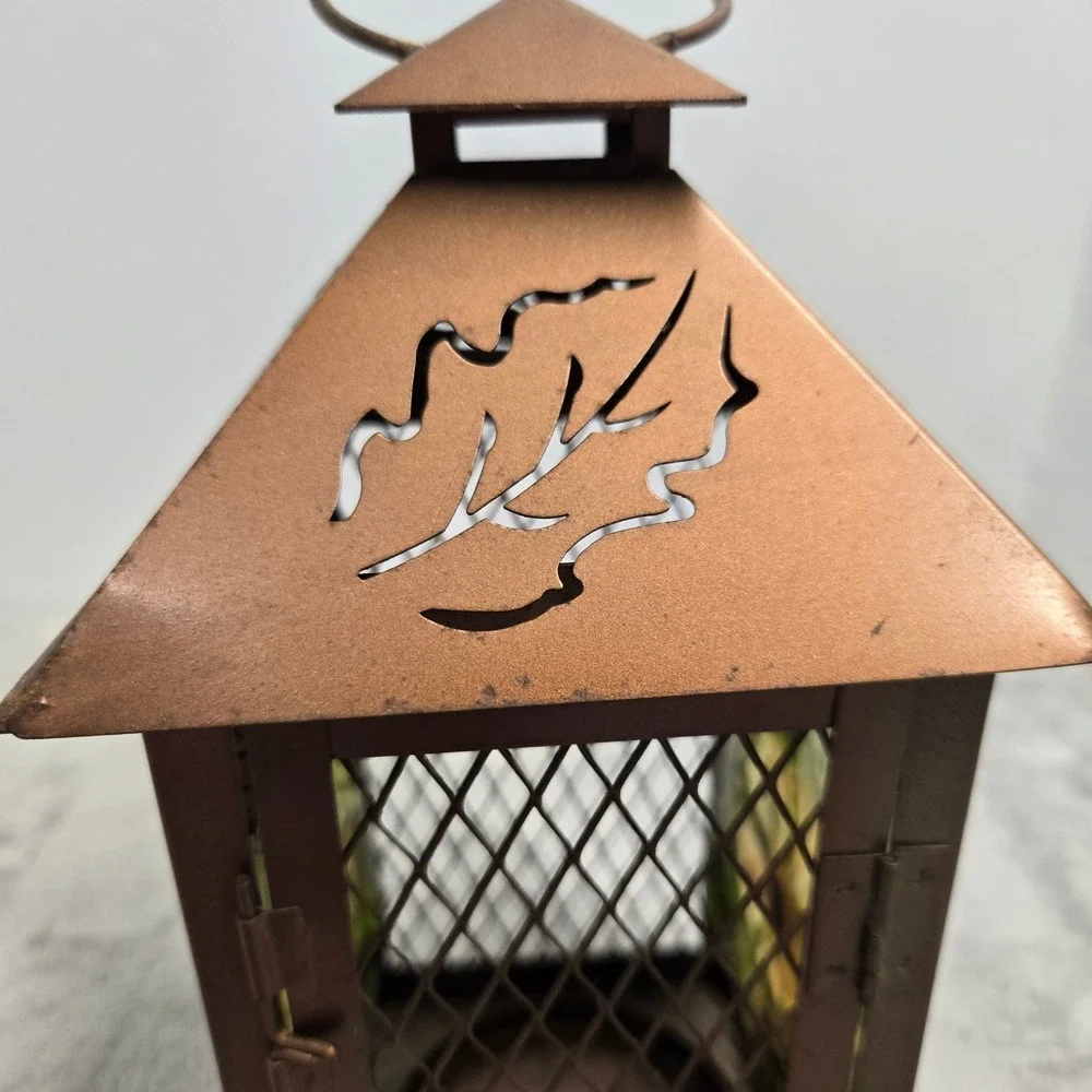Copper Tone Metal Leaf Cutout Tea Light Lantern Painted Floral Glass Panels